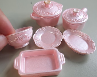 6pc pink mini cooking pan and kitchen utensil Set includes cooking pan, pot, cookware, rectangular oven dish|dollhouse miniature, tiny pan