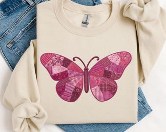 Patchwork Butterfly Sweatshirt, Pink Quilted Fabric Graphic Crewneck, Quilter Gift