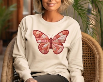 Patchwork Butterfly Sweatshirt, Coral Quilted Fabric Graphic Pullover, Quilter Gift