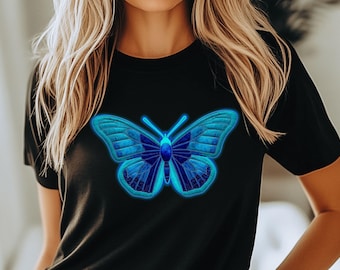 Neon Butterfly Shirt, Electric Blue Glow Graphic Tee, Bold Statement T-Shirt