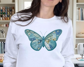 Patchwork Butterfly Sweatshirt, Teal Quilted Fabric Graphic Pullover, Quilter Gift