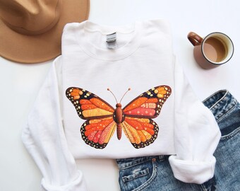 Patchwork Butterfly Sweatshirt, Orange Quilted Fabric Graphic Sweater, Quilter Gift