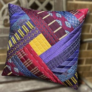 Custom Necktie Memory Pillow Cover, Keepsake Cushion from Loved One’s Ties, Quilted Patchwork Pillow