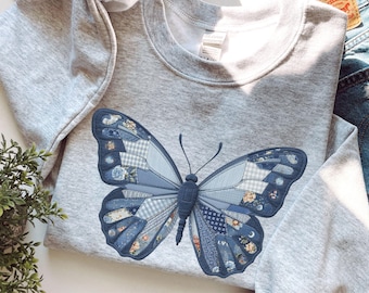 Patchwork Butterfly Sweatshirt, Blue Quilted Fabric Graphic Crewneck, Quilter Gift