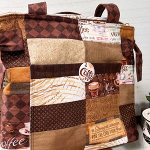 Coffee Lover Patchwork Purse, Quilted Brown Tote Bag, Handmade Handbag, Multi Pocket Organizer