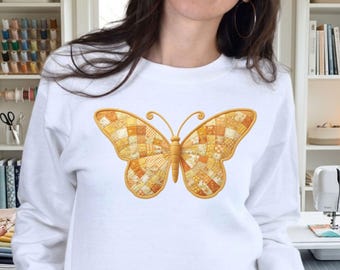 Patchwork Butterfly Sweatshirt, Golden Quilted Fabric Graphic Pullover, Quilter Gift