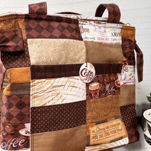Coffee and Brown Fabric Purse, Handmade Patchwork Shoulder Bag, Coffee Themed Handbag, Gift for Her with Pockets