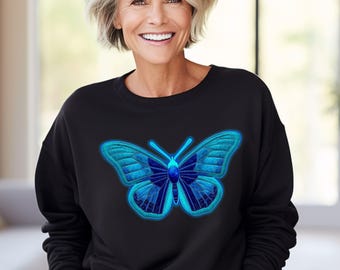 Neon Butterfly Sweatshirt, Electric Blue Glow Graphic Sweater, Bold Statement Shirt
