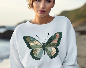 Patchwork Butterfly Sweatshirt, Earth Tone Quilted Fabric Graphic Pullover, Quilter Gift