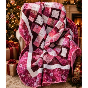 May include: A patchwork quilt featuring a variety of pink, magenta, and white fabric squares. The design incorporates floral patterns, solid blocks, and intricate stitching, creating a textured surface with a repeating geometric arrangement.
