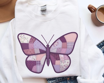 Patchwork Butterfly Sweatshirt, Purple Quilted Fabric Graphic Pullover, Quilter Gift