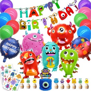 May include: A collection of monster-themed birthday party decorations. Includes balloons, a banner that says "Happy Birthday", cake toppers, stickers, and cupcakes. The balloons are in various colors and shapes.