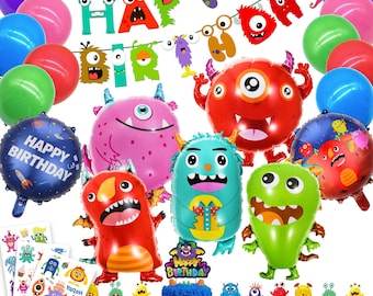 May include: A collection of monster-themed birthday party decorations. Includes balloons, a banner that says "Happy Birthday", cake toppers, stickers, and cupcakes. The balloons are in various colors and shapes.