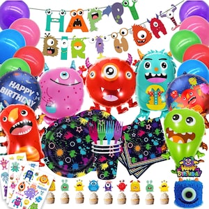 May include: A colorful monster-themed birthday party set. Includes balloons, plates, cups, napkins, cupcake toppers, and a banner that reads "Happy Birthday." The image also shows the text "Excellent Service" and "Fast US Shipping."