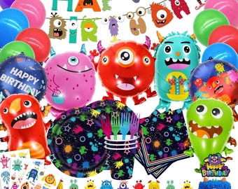 May include: A colorful monster-themed birthday party set. Includes balloons, plates, cups, napkins, cupcake toppers, and a banner that reads "Happy Birthday." The image also shows the text "Excellent Service" and "Fast US Shipping."