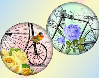 Whimsical vintage Bicycles and flowers 2,5 inch circles digital collage sheet (297) Buy 3 get 1 bonus