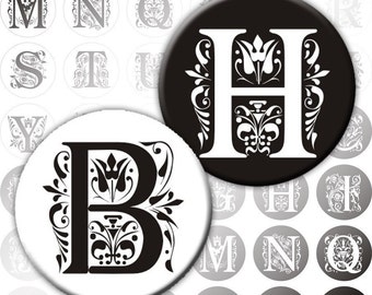 Vintage Ornate Initials Black and white Alphabet Letters digital collage sheet 1 inch circles (190) Buy 3 - get 1 free