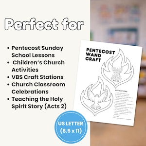 May include: A white paper with a Pentecost Wand Craft design, featuring flames and a dove, with the text "Filled with the Holy Spirit Acts 2:4". The paper is labeled "US LETTER (8.5 x 11)" and is perfect for Pentecost Sunday school lessons.
