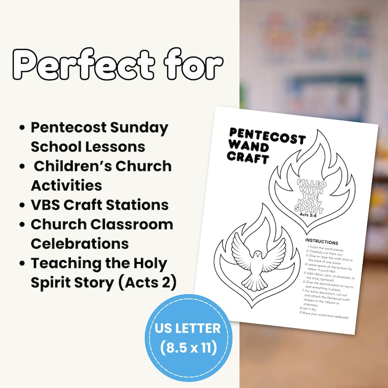 May include: A white paper with a Pentecost Wand Craft design, featuring flames and a dove, with the text "Filled with the Holy Spirit Acts 2:4". The paper is labeled "US LETTER (8.5 x 11)" and is perfect for Pentecost Sunday school lessons.