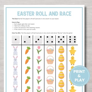 May include: A printable Easter game board called "Easter Roll and Race." The game features columns with images of bunnies, carrots, tulips, Easter baskets, eggs, and chicks. Includes instructions and dice.