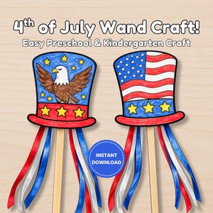 May include: Two patriotic wand crafts for the 4th of July. One wand features an eagle, stars, and a blue background. The other wand has a red, white, and blue American flag design. Both wands have red, white, and blue ribbons.