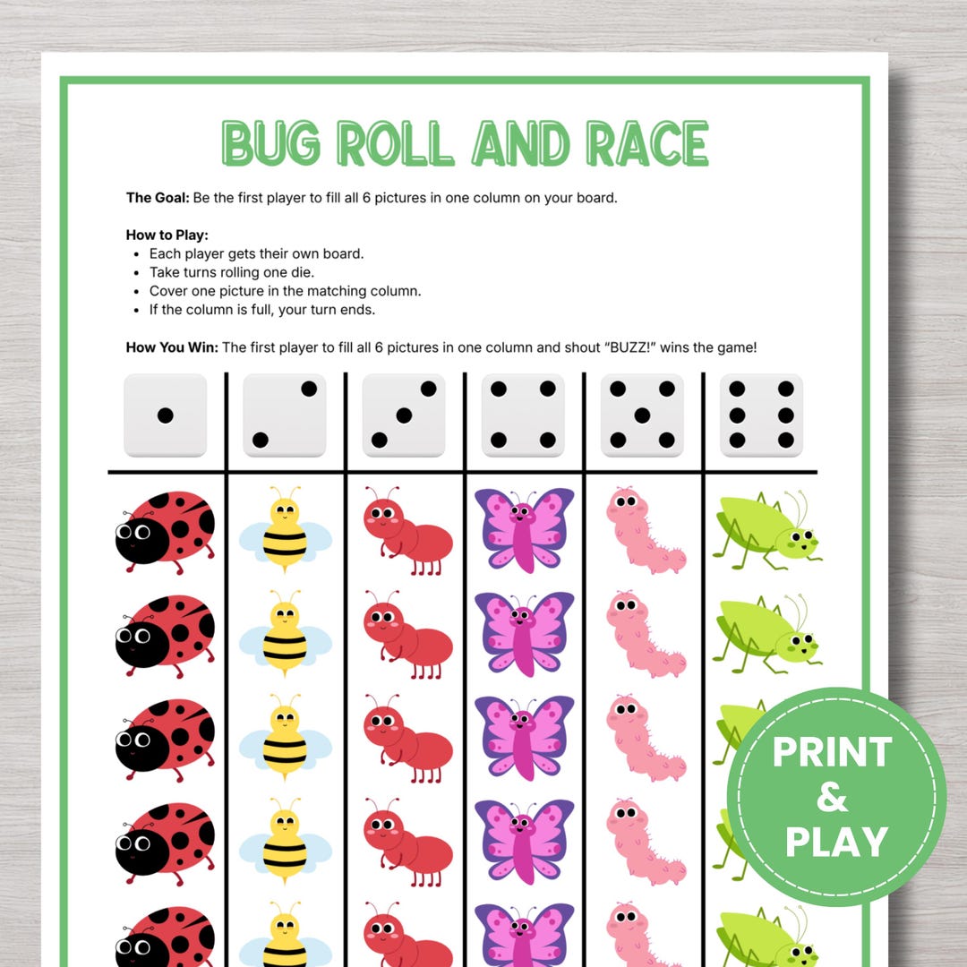 Playable Insect Race Bug Roll and Race Dice Game, Preschool Insect Math Activity, Printable ...