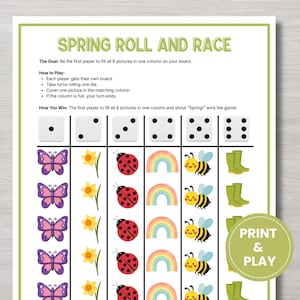 Puede incluir: Un tablero imprimible del juego "Spring Roll and Race" con ilustraciones coloridas de mariposas, narcisos, mariquitas, arcoíris, abejas y botas de agua. El juego incluye dados e instrucciones.