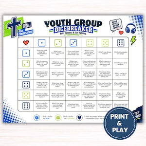 May include: A Youth Group Dicebreaker game sheet featuring a grid with dice icons and conversation prompts. The design includes blue and green accents, a cross logo, headphones, and text reading "Youth Group Dicebreaker" and "Print & Play."