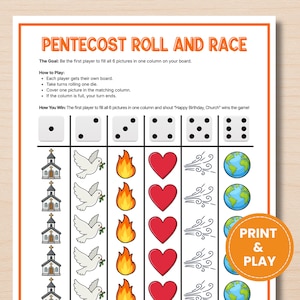 May include: A printable game sheet titled "Pentecost Roll and Race" with instructions and illustrations. The game features dice, church buildings, doves, flames, hearts, wind, and globes. A circular "Print & Play" graphic is in the lower right corner.