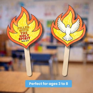May include: Two flame-shaped craft sticks. One has the text "FILLED WITH THE HOLY SPIRIT Acts 2:4". The other features a white dove. The flames are yellow and orange, with a wooden stick handle. The text "Perfect for ages 3 to 8" is at the bottom.