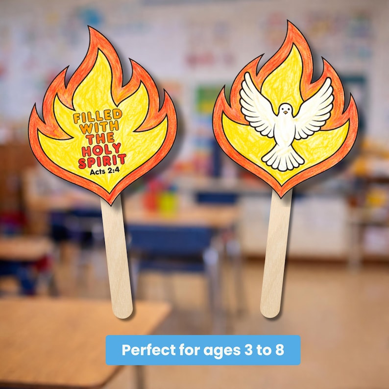 May include: Two flame-shaped craft sticks. One has the text "FILLED WITH THE HOLY SPIRIT Acts 2:4". The other features a white dove. The flames are yellow and orange, with a wooden stick handle. The text "Perfect for ages 3 to 8" is at the bottom.