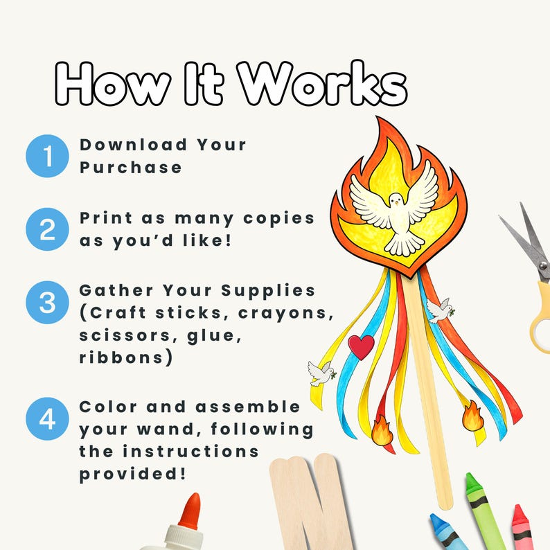May include: A colorful instructional graphic with the title "How It Works." It details the steps to create a craft wand, including downloading, printing, gathering supplies like craft sticks and crayons, and assembling the wand.