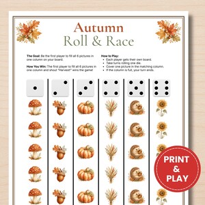 Jeu imprimable d'automne, rouleau d'automne et jeu de course, jeu de dés d'automne pour les enfants, activité du centre de mathématiques en classe, imprimable préscolaire et maternelle
