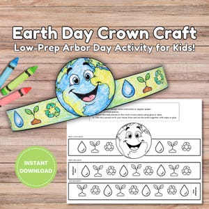 Manualidad de corona para el Día de la Tierra para niños, actividad de compromiso para salvar el planeta, diadema imprimible para preescolar, hoja para colorear del Día del Árbol