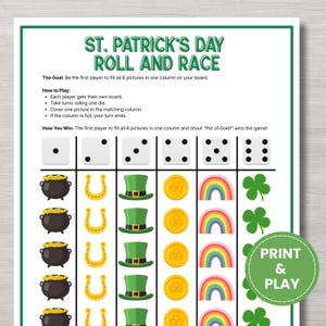Op de afbeelding: Een St. Patrick's Day Roll and Race-bordspel met instructies. Het bord bevat dobbelstenen, potten met goud, hoefijzers, groene hoeden, gouden munten, regenbogen en klavers. De tekst "Print & Play" staat in een groene cirkel.