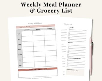 Weekly Meal Planner and Grocery List Printable for Moms, Minimal Weekly Meal Planning Set, Instant Download, PDF