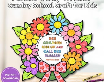 Mother’s Day Sunday School Craft Wreath 2026, Bible Verse Keepsake for Mom, Children’s Ministry Flower Paper Craft Printable Gift