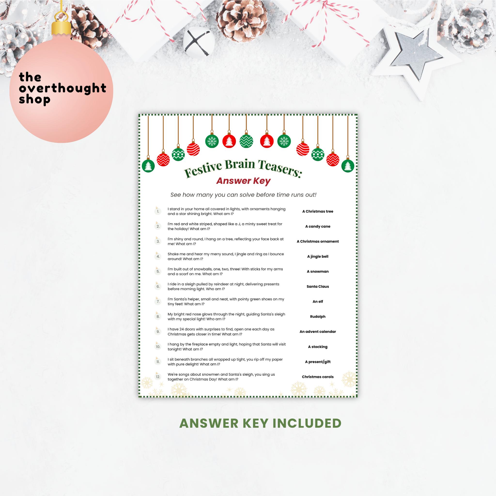 Tricky Riddles Festive Christmas Riddles Game Printable, Festive Brain Teasers Holiday Party ...