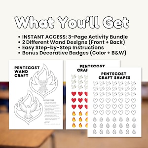 May include: A bundle of Pentecost-themed craft activity pages. The pages include a wand craft with a dove and flames, decorative badges, and craft shapes. The text includes "What You'll Get", "Instant Access", and "Pentecost Craft".