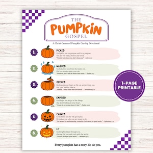 May include: A printable document titled The Pumpkin Gospel, A Christ-Centered Pumpkin Carving Devotional. It features six numbered steps with orange pumpkin illustrations showing the process from picked to lit, including text for each step.
