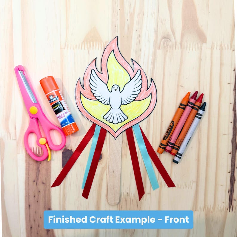 May include: A craft project example featuring a dove inside a flame design, with red and blue ribbons attached. Pink scissors, glue stick, and crayons are also present. The text "Finished Craft Example - Front" is at the bottom.