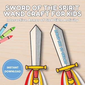 Könnte beinhalten: Ein Bastelprojekt für Kinder mit zwei Papierschwertern mit gelben Griffen, roten und weißen Akzenten und dem Text "SWORD OF THE SPIRIT". Das Bild enthält auch Buntstifte und einen blauen Kreis mit dem Text "INSTANT DOWNLOAD".