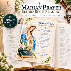 May include: A rectangular prayer card featuring an illustration of the Virgin Mary with hands clasped in prayer, a blue and white robe, and a gold halo. The card includes the text Marian Prayer Before Bible Reading and a prayer in blue ink.