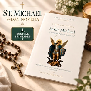 May include: A white booklet titled St. Michael 9-Day Novena with an illustration of Saint Michael the Archangel holding a sword and shield. The cover includes the text A4 & US LETTER EDITION. A brown wooden rosary with a crucifix is placed beside it.