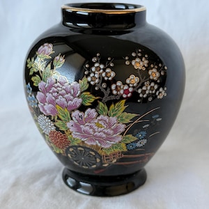 Vintage Japanese Black Floral Vase