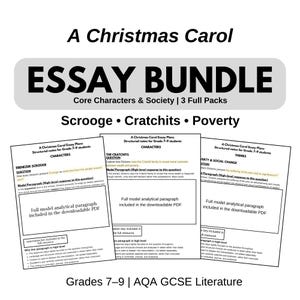 Paquete de ensayos sobre "Un cuento de Navidad" / Scrooge, la pobreza y los Cratchits / Literatura inglesa AQA GCSE / Grados 7-9