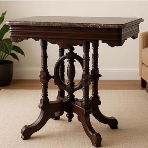 Antique Eastlake Marble Top Table – Victorian Accent with Ornate & Distinctive Carving