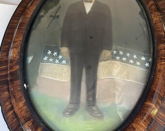 Antique Victorian Bubble Glass Portrait Man Tiger Wood Frame Convex Oval