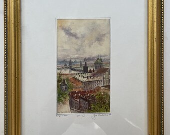 Jan Procházka Signed Prague Watercolor Painting Original Framed Cityscape 1998