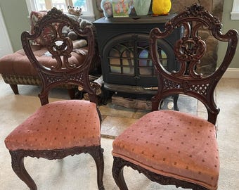 Victorian Mahogany Parlor Chairs – Carved Elegance with Tapestry Charm (Pair)